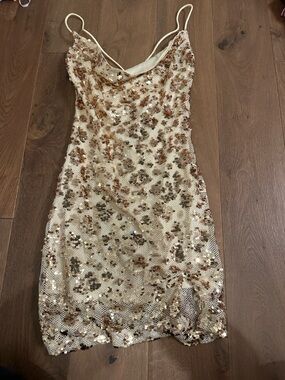 Hello Molly Cream and Gold Sequin Slip Mini Dress